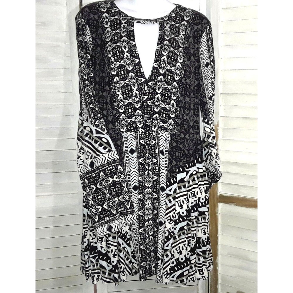 Free People Tegan Mini Dress Size 12 Slit Bell Sleeve Mixed Media Print Pockets